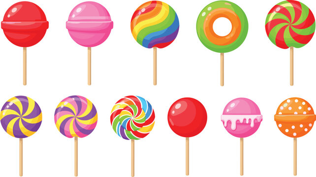 Colorful candy lollipop illustration set with sweet dessert treats, round shapes and vibrant patterns for kids and party design