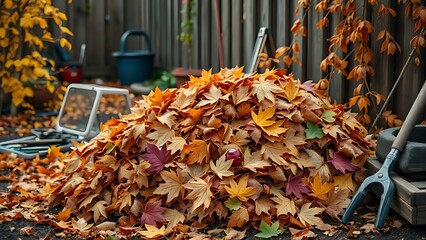 Obraz premium rake. A pile of autumn leaves in a garden with nearby tools, evoking a seasonal atmosphere. representing seasonal cycles and harvest abundance.