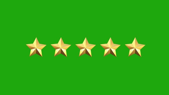 5 Stars Rating animation on green screen background. High-quality 3D animation of five golden stars symbolizing rating, review, quality, and customer satisfaction.