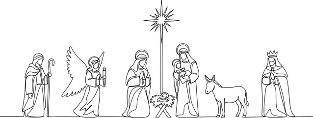 Continuous Line Drawing Nativity Scene, Holy Family Christmas Manger Birth of Jesus Christ with Angel Shepherd Wise Men Star of Bethlehem Vector Outline Illustration, Religion Holiday Design.