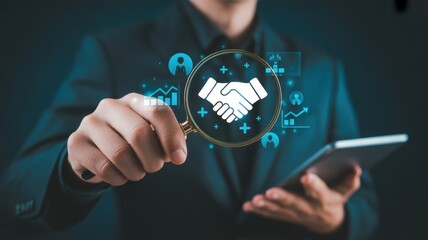 Strategic Partnership Insight: A focused individual utilizes technology to dissect and amplify the essence of a collaborative partnership, highlighting the importance of alliance