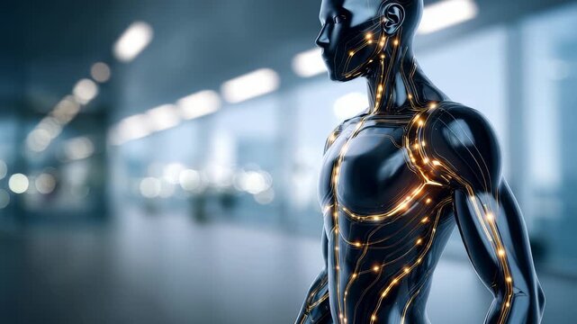 A close up of a cybernetic human torso showcases glowing neural pathways and metallic surfaces, symbolizing AI integration. The background features a blurred, contemporary tech facility