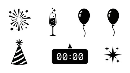 Naklejka premium A collection of black and white icons representing New Year's Eve celebrations and festive occasions.