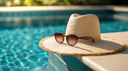 Sun-kissed Relaxation by the Pool: A straw hat and stylish sunglasses rest serenely by the edge of a crystal-clear swimming pool, capturing the essence of a perfect summer day and tranquility.