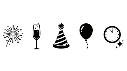 Five black and white icons representing New Year's Eve celebrations, including fireworks, champagne, a party hat, a balloon, and a clock striking midnight. © renender
