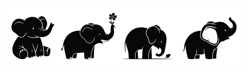 Adorable Black Elephant Silhouettes Collection with Various Poses and Playful Gestures