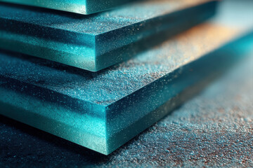 Abstract angular blue glass shapes with cyan light reflections and layered depth