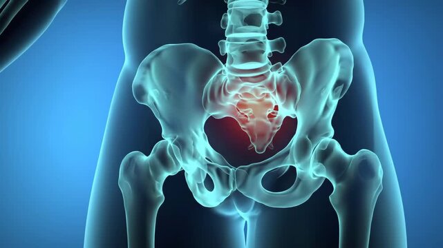 Anatomy of human pelvis with red pain point in a blue background. Includes skeleton, bones, and joints in a x-ray style render.