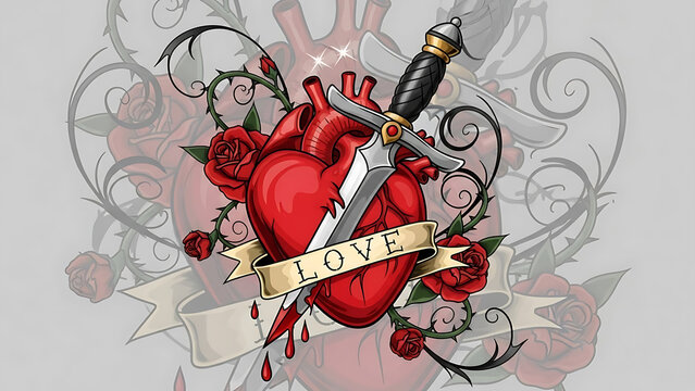 Heart pierced by sword with love banner and roses