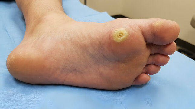 plantar wart on foot. painful lesion on patient's sole. Foot health and dermatology medical examination concept.