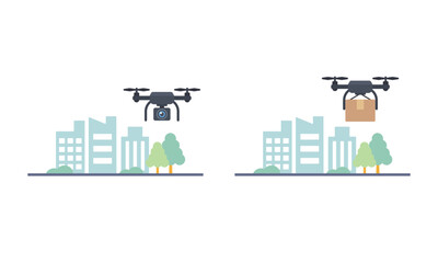 空撮ドローンと配送ドローンが飛ぶ街並みのイラスト &ndash; 都市テクノロジーと物流