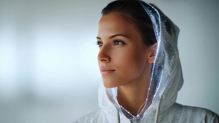 A young woman wears a luminous, high tech hoodie, symbolizing the future of fashion and digital trends. The minimalist background enhances the focus on her futuristic look and calm demeanor