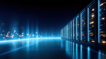Futuristic data center corridor with glowing server racks and blue light ambiance