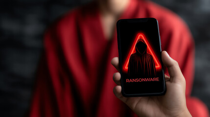 A person holds a smartphone displaying a red warning triangle with a hooded figure and "RANSOMWARE" text, symbolizing a cybersecurity threat