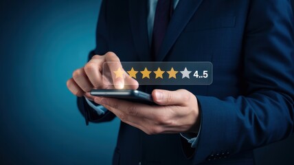 Rate the Service: A suited professional uses a smartphone to rate services, highlighting customer feedback through the 4.5 star system.