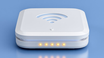 Compact white wireless router with glowing status lights on blue surface, modern minimal design