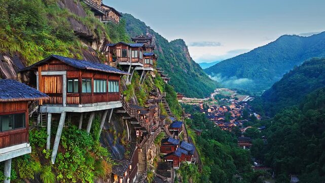 Beautiful ancient villages and traditional wooden buildings are built on the cliffs. The famous Wangxiang Valley Scenic Area is located in Jiangxi, China.