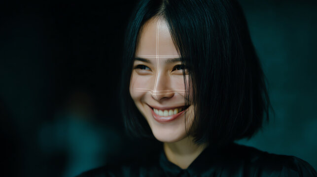 A smiling woman with short black hair is shown with facial recognition grid lines over her face, set against a dark, blurred background - Powered by Adobe