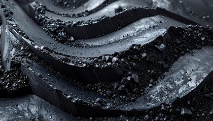 Close-up of black coal layers with shiny texture and rough edges.