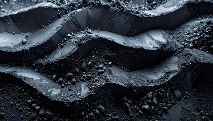 Dark textured rocky terrain with layered formations and rough surface.