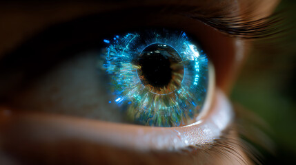 Close-up of a human eye with a digital blue interface overlay, symbolizing futuristic technology, augmented reality, or cybernetic vision
