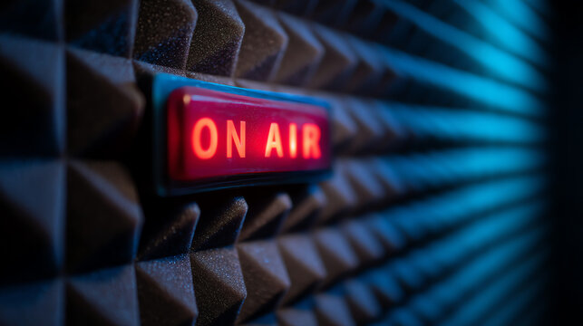 Red illuminated "ON AIR" sign mounted on black acoustic foam panels, indicating live broadcast or recording in a soundproof studio environment