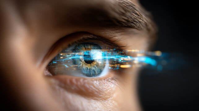 Close-up of a human eye with futuristic digital data and light effects reflecting, symbolizing technology, innovation, and augmented reality concepts - Powered by Adobe