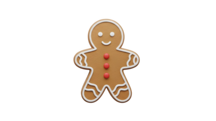 Single gingerbread man cookie with white icing and red buttons, isolated on a black background. Festive Christmas dessert concept with copy space and minimal composition.