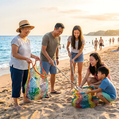 Familia asi&aacute;tica limpiando la playa al atardecer