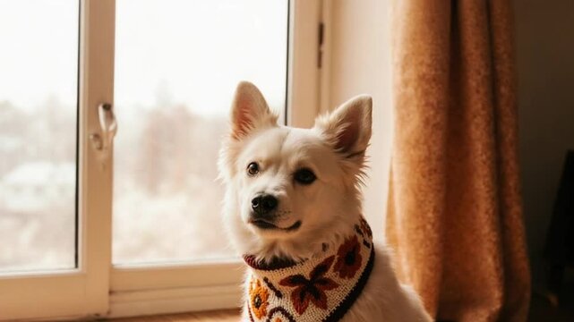 Charming white fluffy dog wearing a patterned bandana, sitting thoughtfully indoors by a bright window