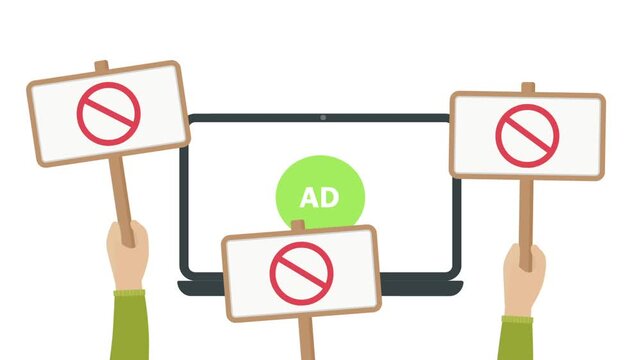 hand swing ban sign in front laptop with advertisement screen. Ads block concept