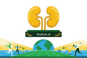Kidney health awareness concept with athletes running on track around the globe
