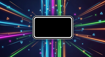 Vibrant neon light trails emanate from a central dark rectangular placeholder against a deep background