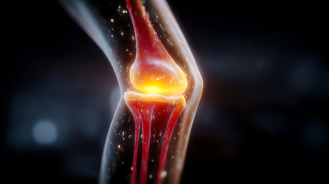 3D illustration of an inflamed human knee joint showing pain and swelling with glowing effects highlighting the affected area