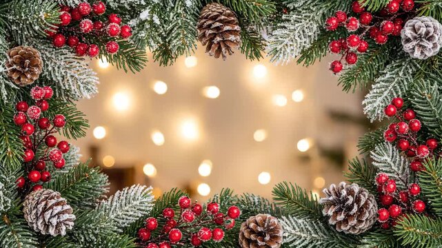 Christmas Frame with Lights - This video features a festive frame made of evergreen branches, pine cones, and red berries.