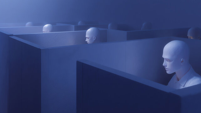 Blue-toned image of faceless mannequins seated in separate cubicles, evoking themes of isolation, conformity, and depersonalization in a corporate or office setting