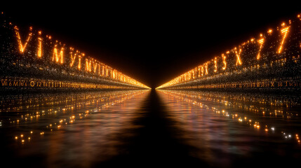Glowing golden numbers and symbols stretch into the distance, reflecting on a dark, glossy surface, creating a futuristic and immersive digital tunnel effect