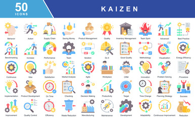Kaizen icon set featuring continuous improvement,productivity,quality,efficiency,teamwork,innovation,and lean processes.Ideal for business,manufacturing,management,and operational excellence projects.