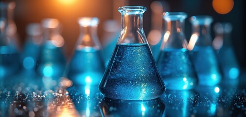 Glass laboratory flasks filled with blue liquid. Bubbles rise in the liquid as it sparkles. Background shows more flasks and lights. Research and science.