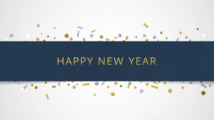 New year celebration background with gold, silver and gray confetti and stars on white with a dark blue banner