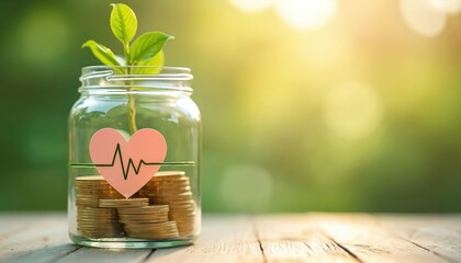 Glass jar holds gold coins and a green plant sprout. A pink heart with a heartbeat line is inside the jar representing financial health. The background is a soft green bokeh.