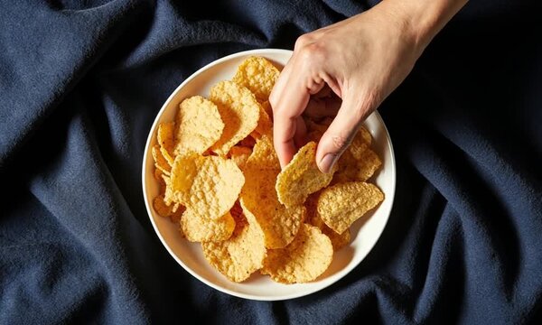 Hand picking a crunchy golden cornflake from a white bowl, healthy breakfast snack