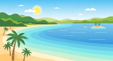 Fototapeta premium Beautiful tropical beach scene with palm trees and ocean view.