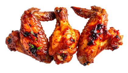 Three glistening, cooked poultry pieces with crispy, bronzed skin. Close-up on a black backdrop