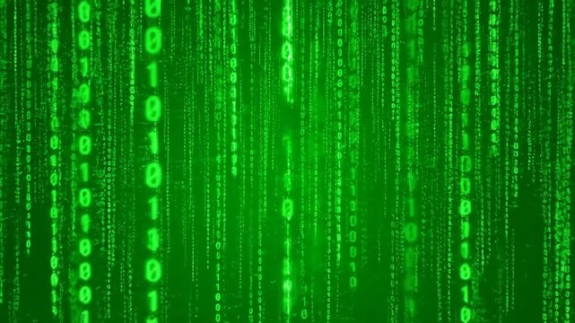 Green Binary Rain - Digital rain with falling green binary code numbers in a dark environment, representing technology, coding or matrix concept.