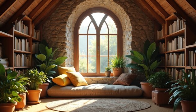 Cozy attic reading nook with arched window, bookshelves, plants, pillows. Warm sunlight streams through window illuminating book collection. Peaceful library space for relaxation, quiet contemplation.