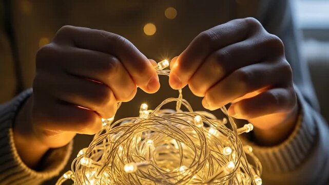 Person untangling glowing fairy lights, catching warm reflections