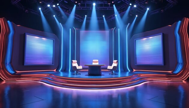 Modern empty tv talk show set with bright stage lights and screens. Three chairs and table on raised platform ready for broadcast. Broadcast studio setup.