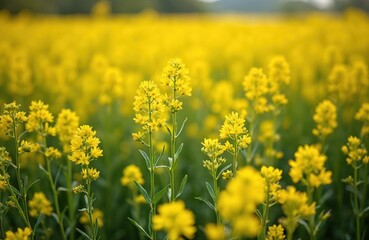 Obraz premium Vast field of bright yellow canola flowers in full bloom. Green stalks, leaves create contrast with vibrant yellow blossoms. Scene evokes springtime agriculture, natural beauty. Plant cultivated for