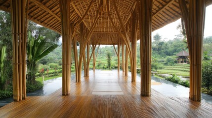 Fototapeta premium Bamboo architecture, intricate woven structures forming pavilions and walkways, lightweight and sustainable